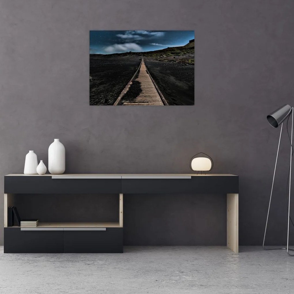 Sklenený obraz drevenej cesty za súmraku (70x50 cm)