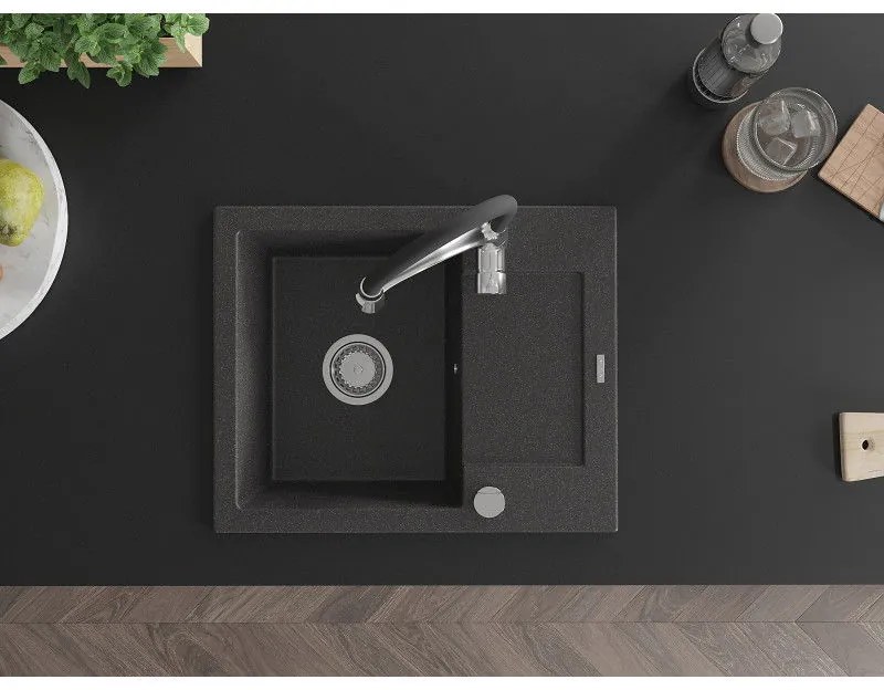 Mexen Enzo, 1-komorový granitový drez 576x465x174 mm a drezová batéria Aster, čierna škvrnitá, 6506-76-73450-07
