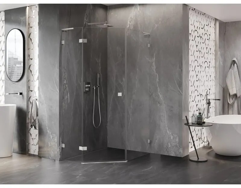 Mexen Lunar, L päťuholníkový sprchový kút naklápací doľava 80 x 90 cm, 8mm číre sklo, oceľový profil, 831L-080L-090P-97-00-L