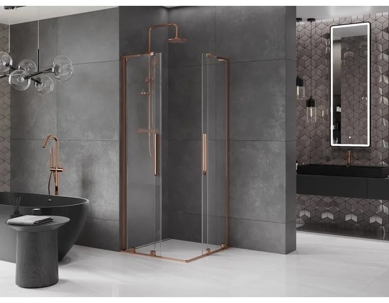 Mexen Velar L Duo, sprchový kút s posuvnými dverami 90 x 90 cm, 8mm číre sklo, ružové zlato, 871-090-090-02-03-60