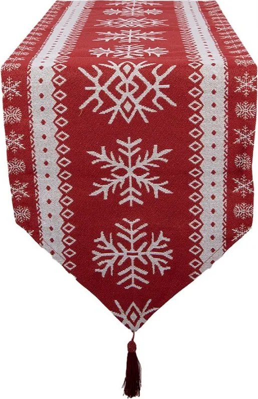 Červený látkový behúň s vločkami a strapcom - 33*180 cm