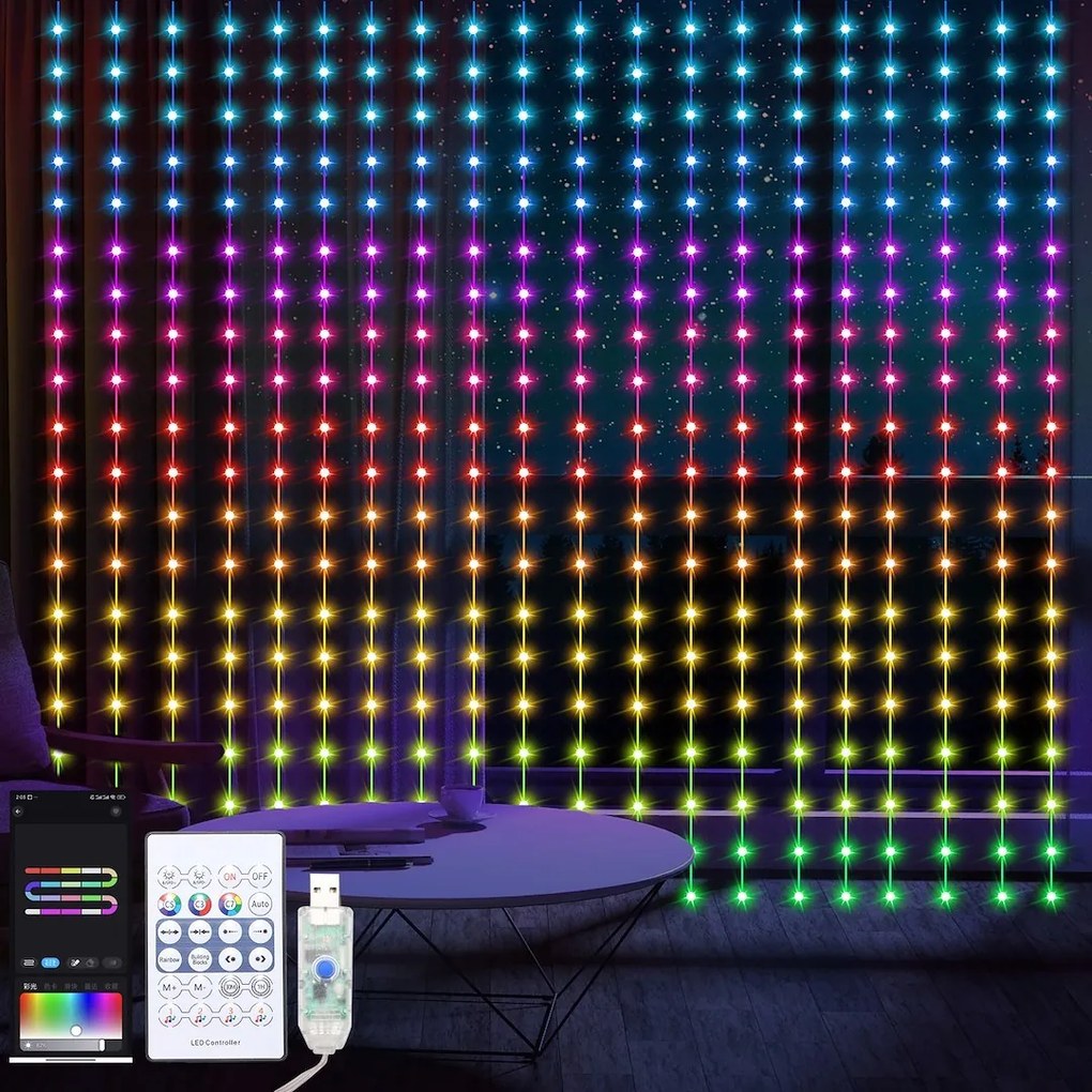 LED svetelný záves Wizard, 2x2m, RGB, ovládač