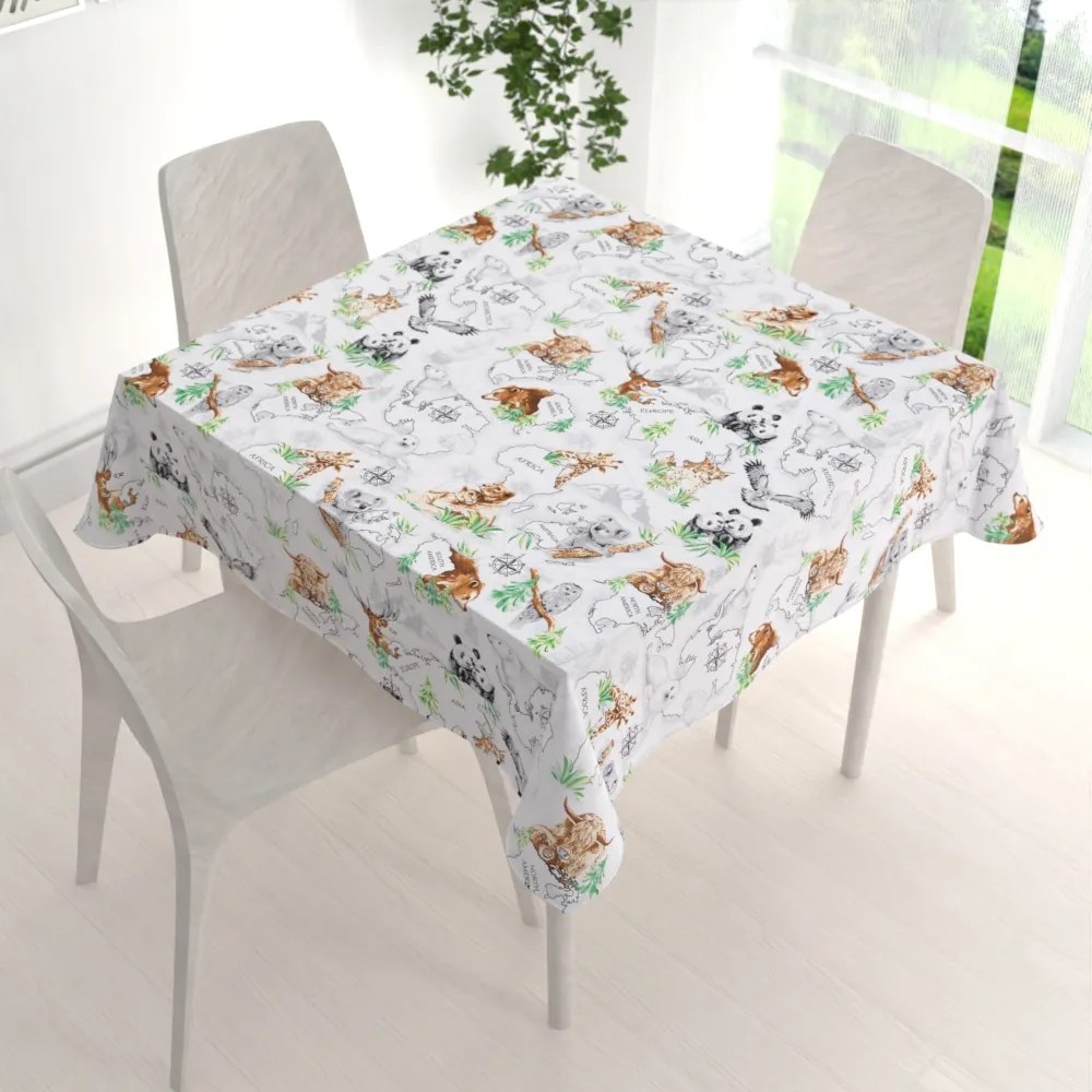 Biante Bavlnený štvorcový obrus Sandra SA-546 Zvieratá sveta na bielom 140x140 cm