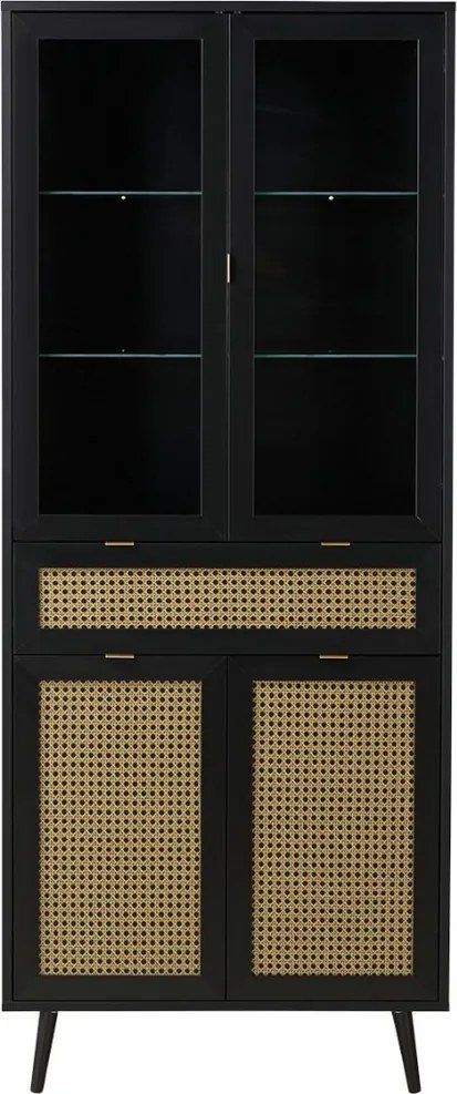 Vysoká vitrína Vienna, čierna/výplet