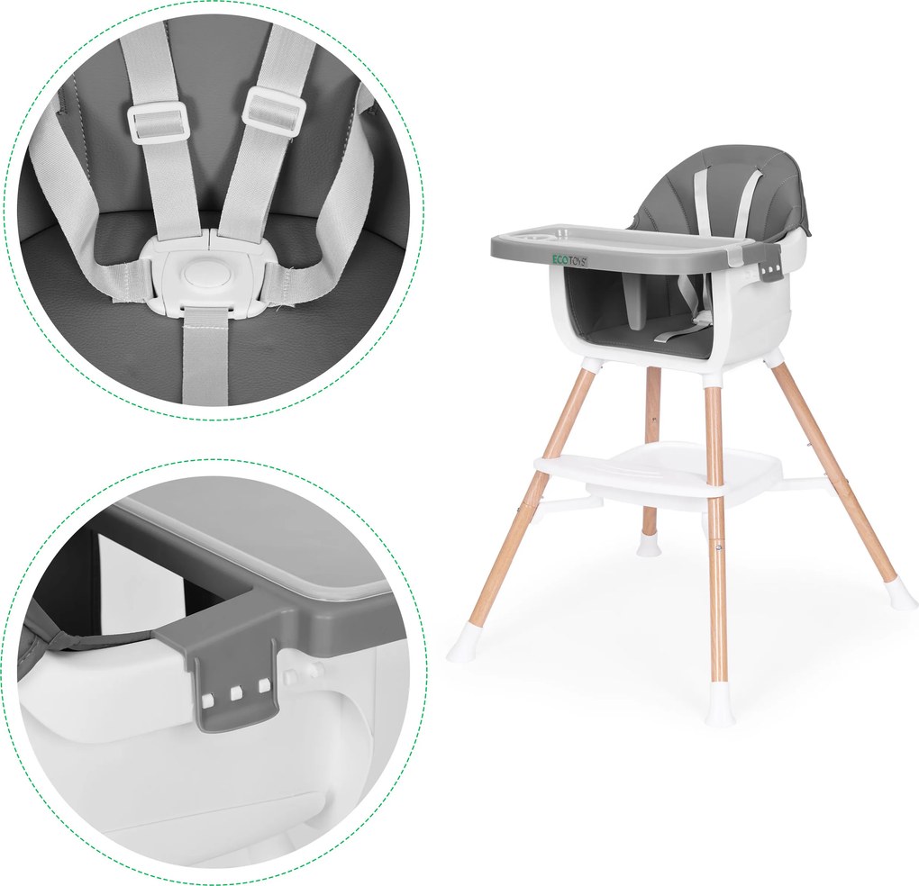 ECOTOYS Detská 2v1 jedálenská stolička ECOTOYS, sivá