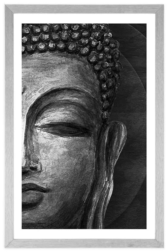 Plagát s paspartou tvár Budhu v čiernobielom prevedení - 30x45 silver