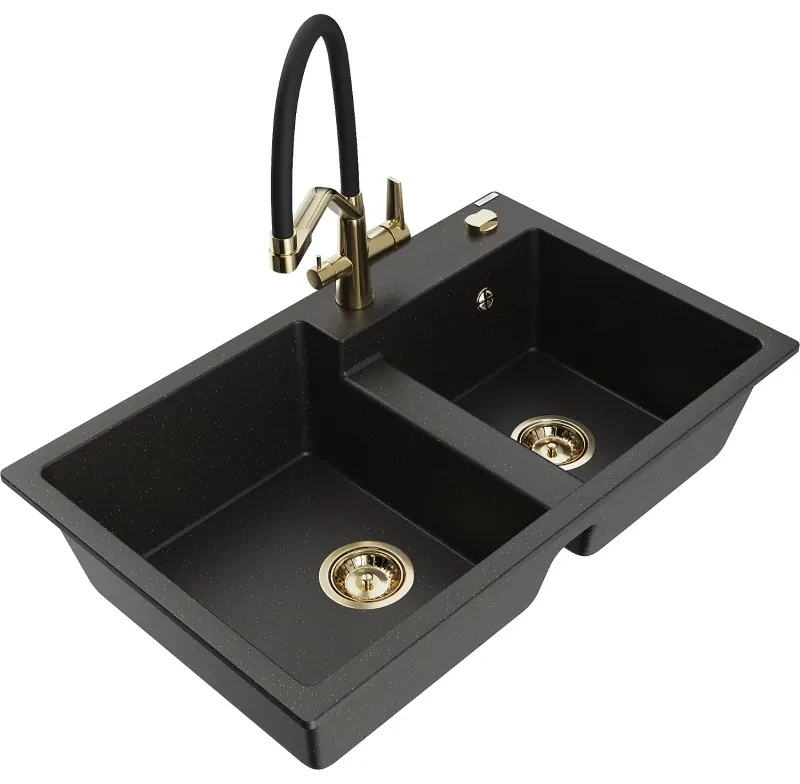 Mexen Tomas, 2-komorový granitový drez 800x500x190 mm  a kuchynská batéria Duo, čierna-zlatá metalíza, 6516-75-671701-57-G