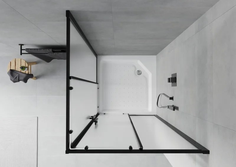 Mexen Rio, štvorcový sprchovací kút s posuvnými dverami 90(dvere) x 90(dvere) x 190 cm, 6mm sklo námraza, čierny profil + biela sprchová vanička RIO, 860-090-090-70-30-4510