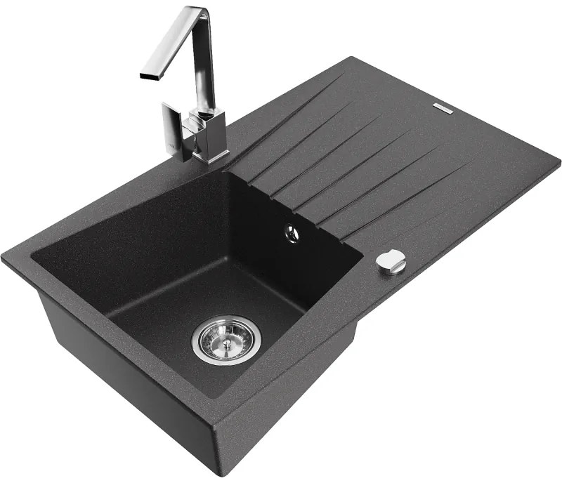 Mexen Cesar, granitový drez 775x470x190 mm, 1-komorový, čierna škvrnitá s chrómovým sifónom a chrómová drezová batéria Rita, 6514-76-670300-00