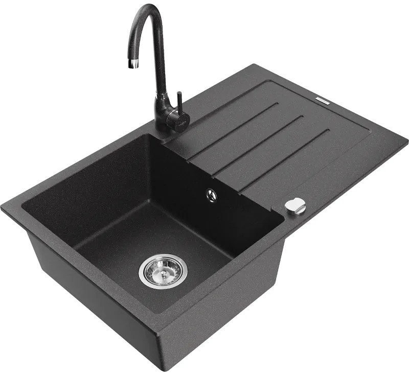 Mexen Bruno, 1-komorový granitový drez s odkvapkávačom 80x50 cm a kuchynskou batériou Telma, čierna-škvrnitá, 6513-76-670200-76