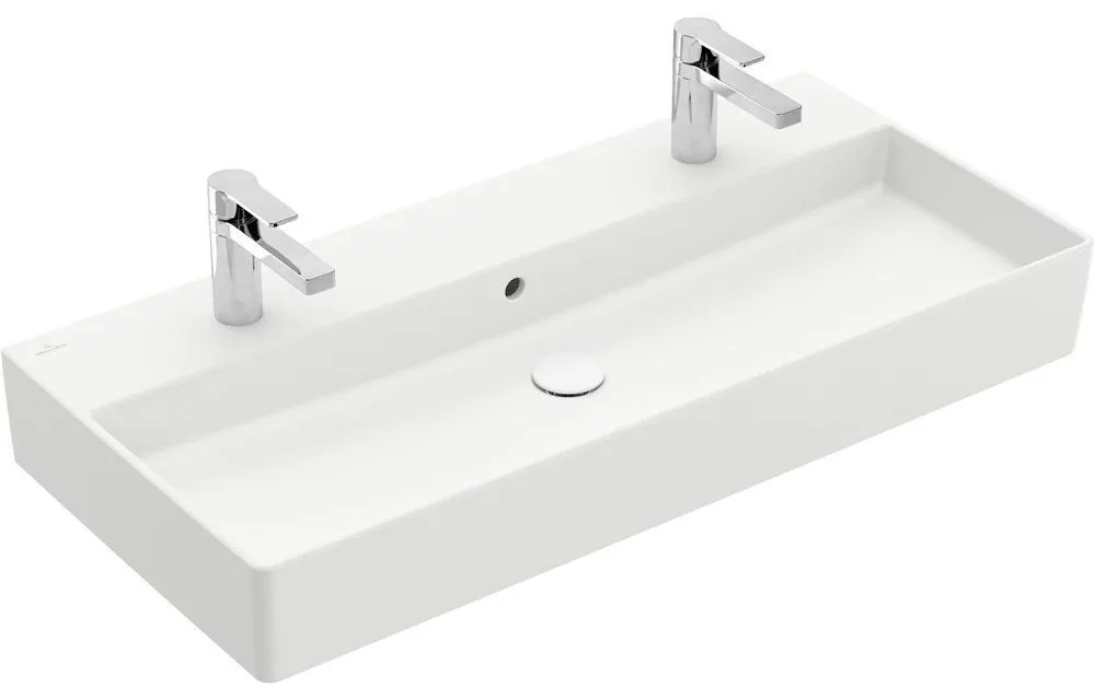 VILLEROY &amp; BOCH Memento 2.0 závesné umývadlo s dvomi otvormi, s prepadom, 1000 x 470 mm, Stone White, s povrchom CeramicPlus, 4A22A4RW