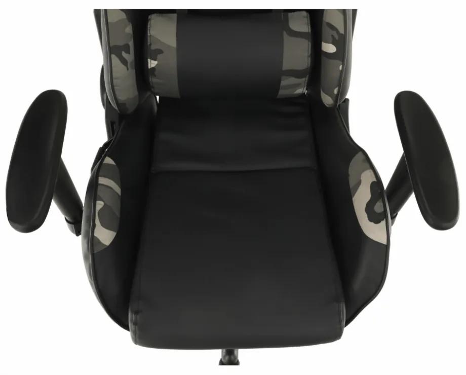 Herná stolička EMRE — ekokoža, čierna/army vzor, nosnosť 150 kg
