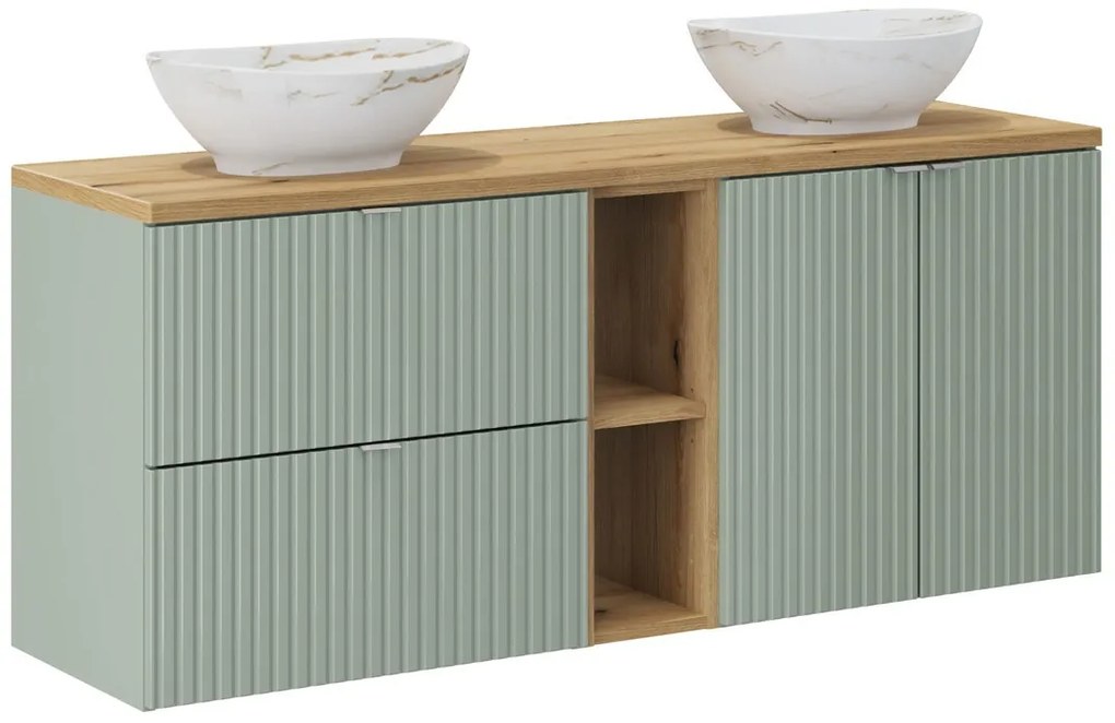 Závesná skrinka Line Reed Green s doskou a umývadlami 140 cm zelená/dub evoke