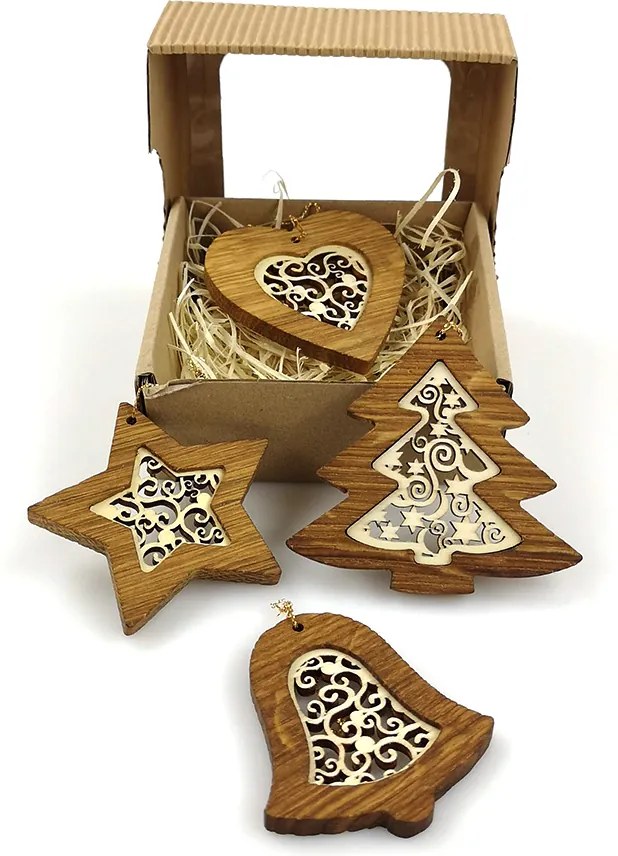 AMADEA Vianočný set 4 druhov drevených ozdôb z masívu s vkladom - ornament + krabička