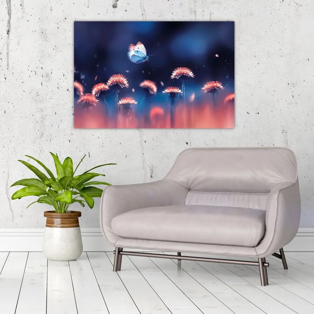 Obraz púpav s modrým motýľom (90x60 cm)