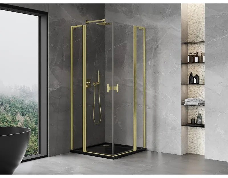 Mexen, Mexen Mist L Duo výklopný sprchový kút 90 x 90 cm, transparentný, brúsené zlato - 8A4L-090-090-55-00