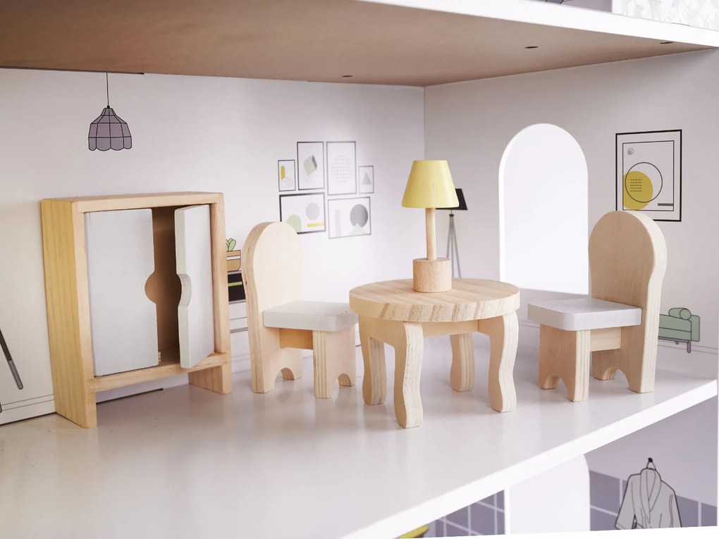 KIK Drevený domček pre bábiky 70 cm s nábytkom – trojposchodový moderný sivý