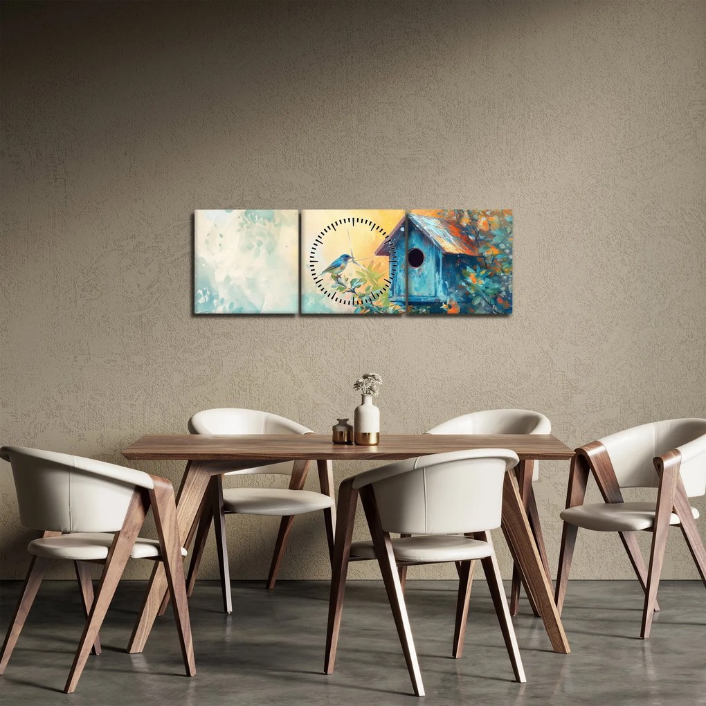 Obraz - Vtáčia búdka, akvarel (s hodinami) (90x30 cm)