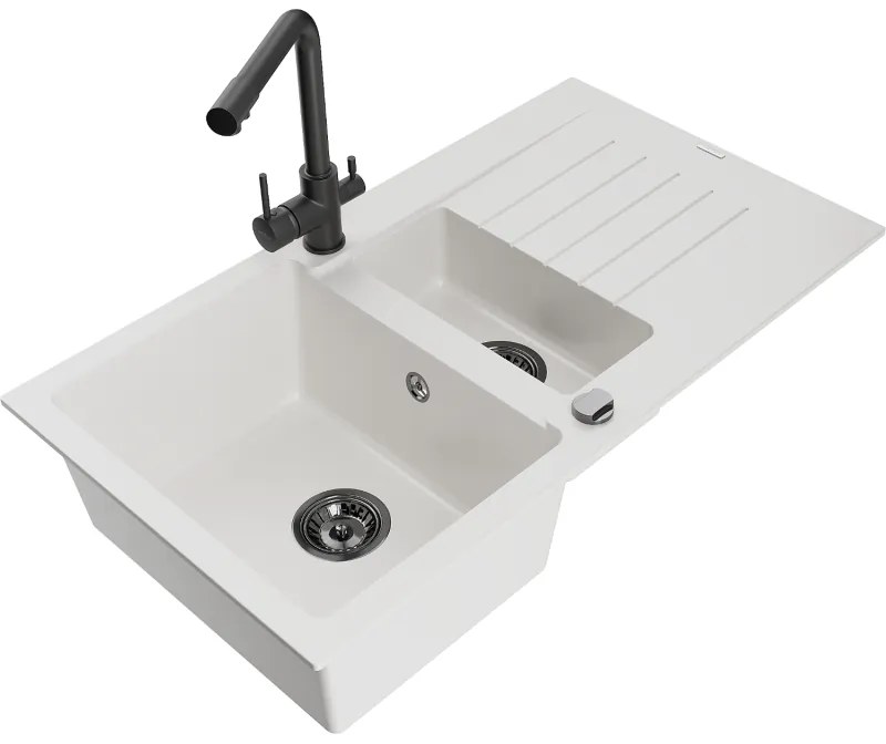 Mexen Matias, granitový drez 900x505x200 mm, 1,5-komorový a čierna batéria Duero, biela, 6502-20-671600-70