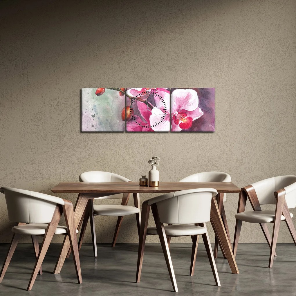 Obraz - Orchidey, aquarel (s hodinami) (90x30 cm)