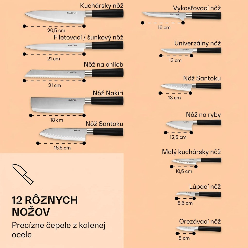 Klarstein Kitano XL, sada nožov s blokom, 13-dielna, 12 nožov, oceľ, luxusný drevený blok