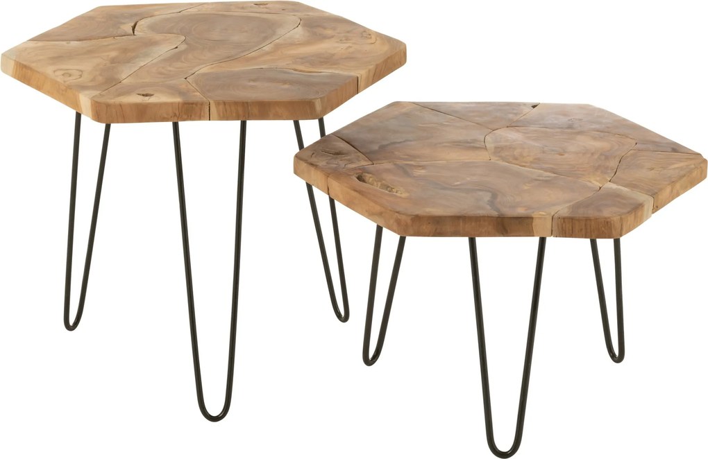 Súprava 2 odkladacích stolíkov Hexagone z teakového dreva a kovu – 60*60*60/ 52*52*48 cm