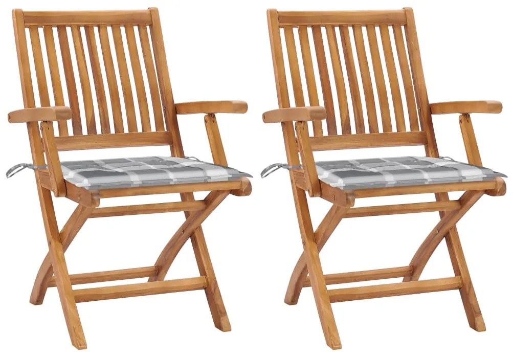 Záhradné stoličky 2 ks sivé podložky s kockami teakový masív 3062420