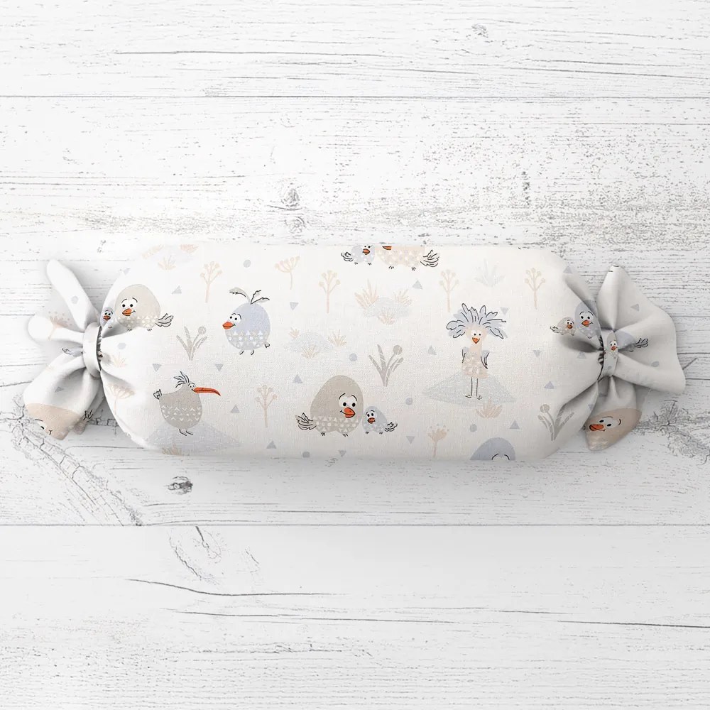 Biante Detský vankúš valec bonbon Sandra SA-614 Veselé vtáčiky na bielom 15x40 cm