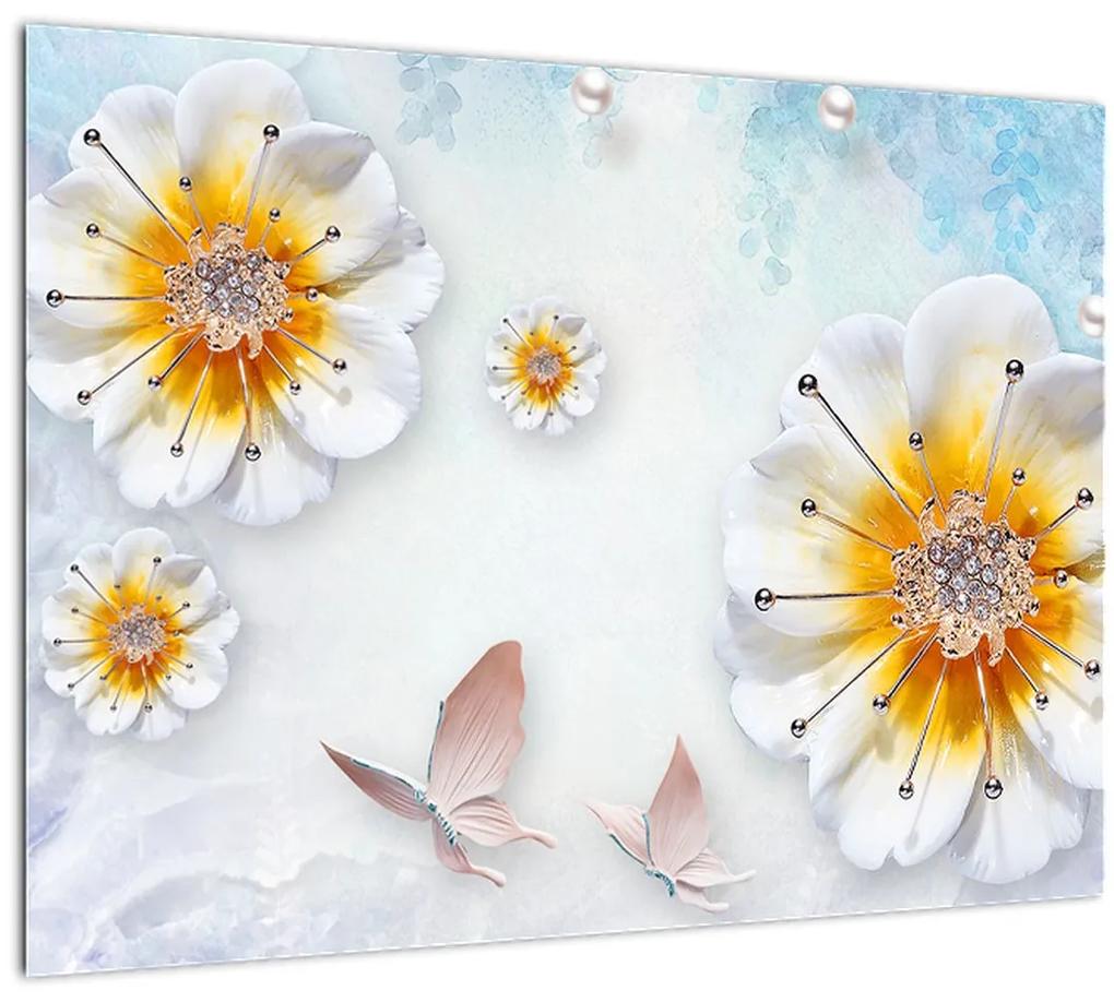 Sklenený obraz - Kompozícia s kvetmi a motýľmi (70x50 cm)