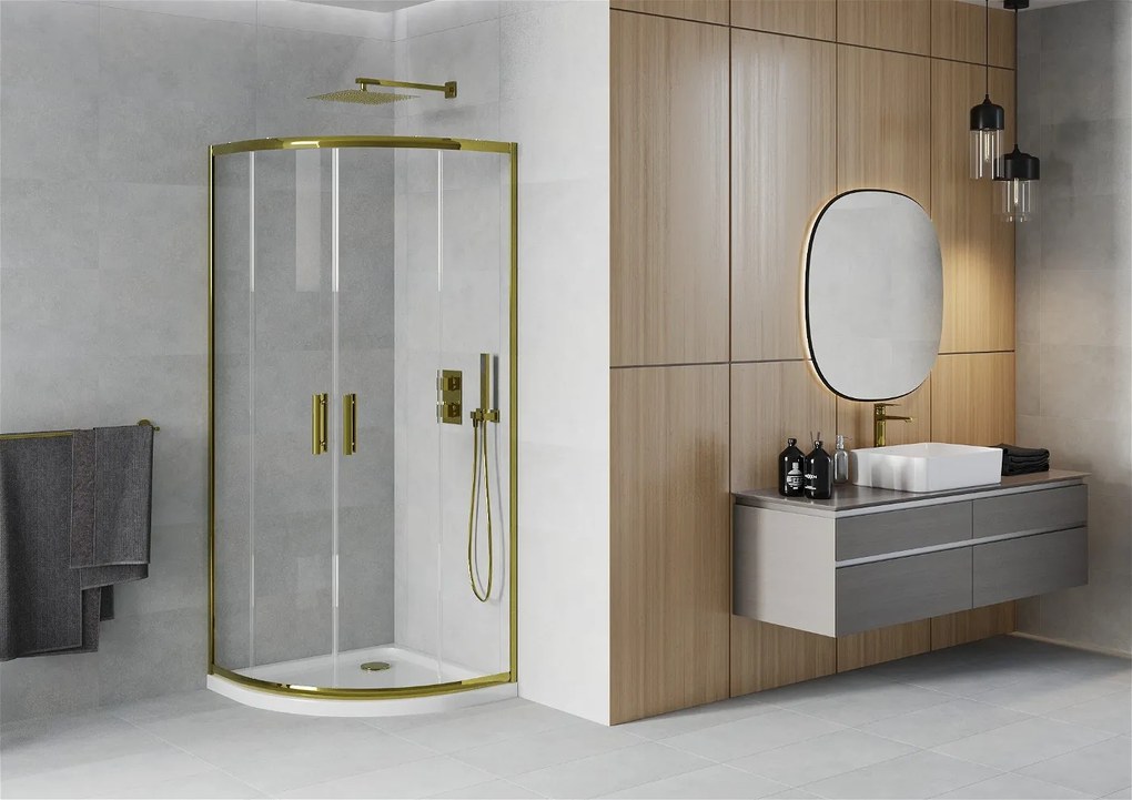 Mexen Rio, štvrťkruhový sprchovací kút s posuvnými dverami 80 (dvere) x 80 (dvere) x 190 cm, 5mm číre sklo, zlatý profil + biela sprchová vanička SLIM, 863-080-080-50-00-4110G