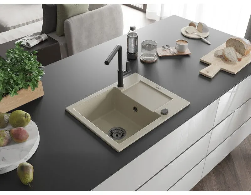 Mexen Enzo, 1-komorový granitový drez 576x465x174 mm a drezová batéria Flora, béžová, 6506-69-670401-70-B
