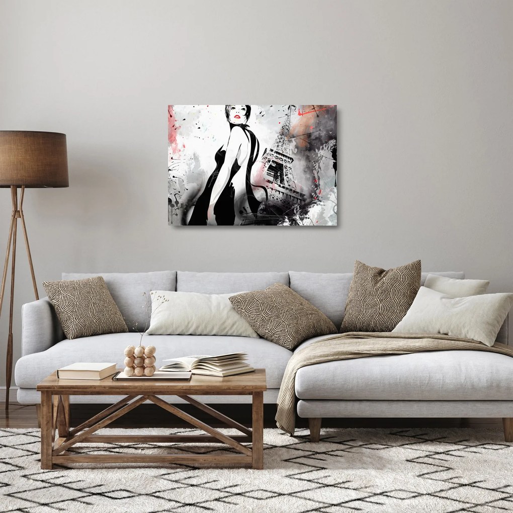 Sklenený obraz - Lady a Eiffelova veža (70x50 cm)