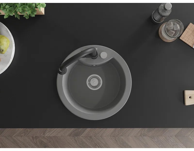 Mexen Diego, 1-komorový granitový drez 488x488x167 mm a drezová batéria Elia, šedá, 6512-71-670101-70