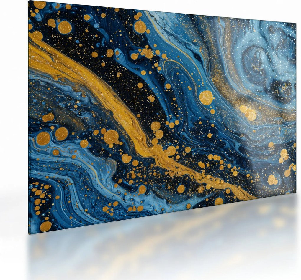 Sklenený obraz - Modrá abstrakcia so zlatom (70x50 cm)