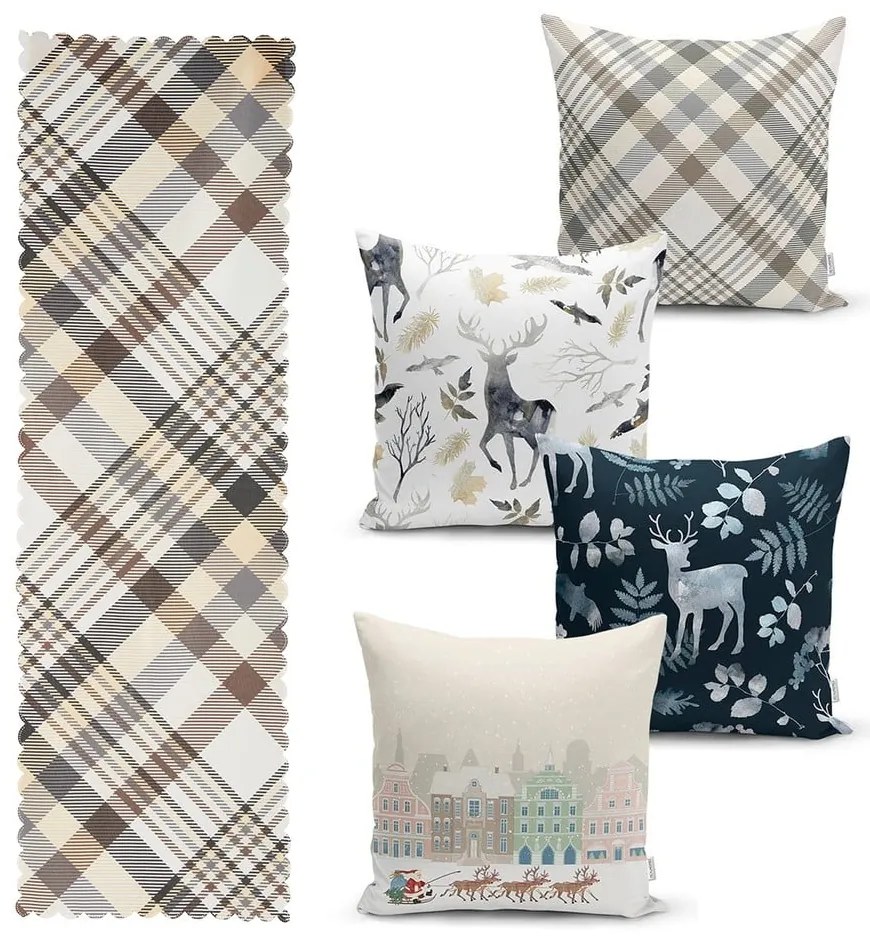 Súprava 4 vianočných obliečok na vankúš a behúň na stôl Minimalist Cushion Covers Holiday Season