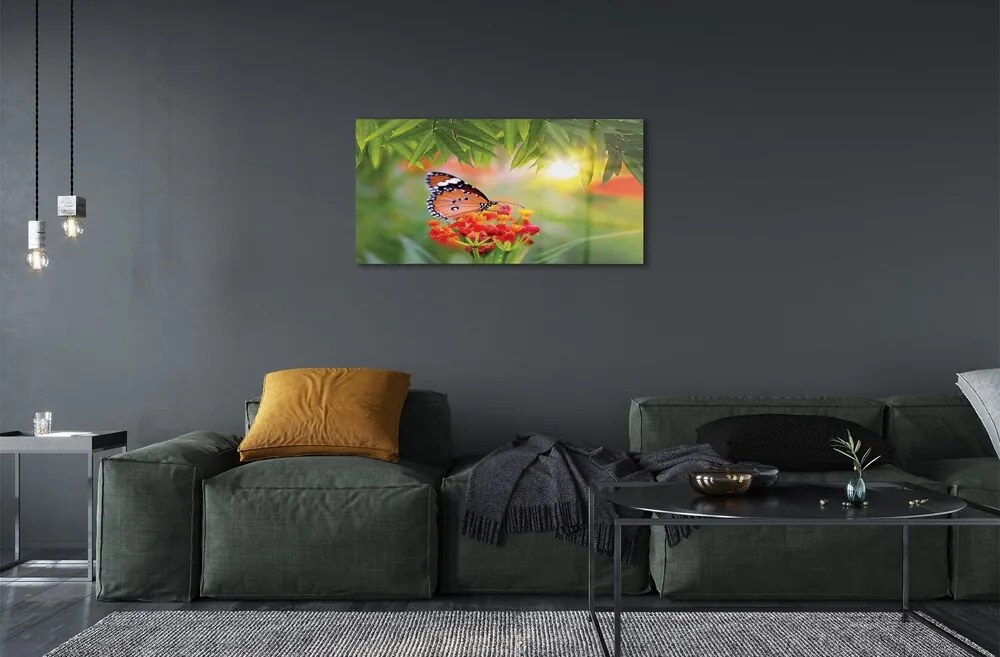 Sklenený obraz Farebný motýľ kvety 125x50 cm