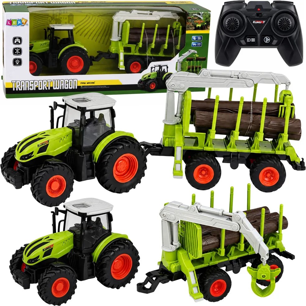 LEAN Toys Diaľkovo ovládaný traktor RC s lesným prívesom a drapákom na drevo v mierke 1:24
