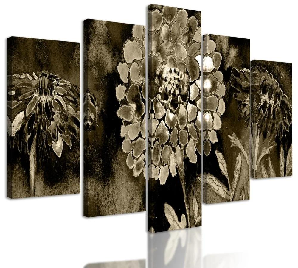 5-dielny obraz sépiova olejomaľba kvetov