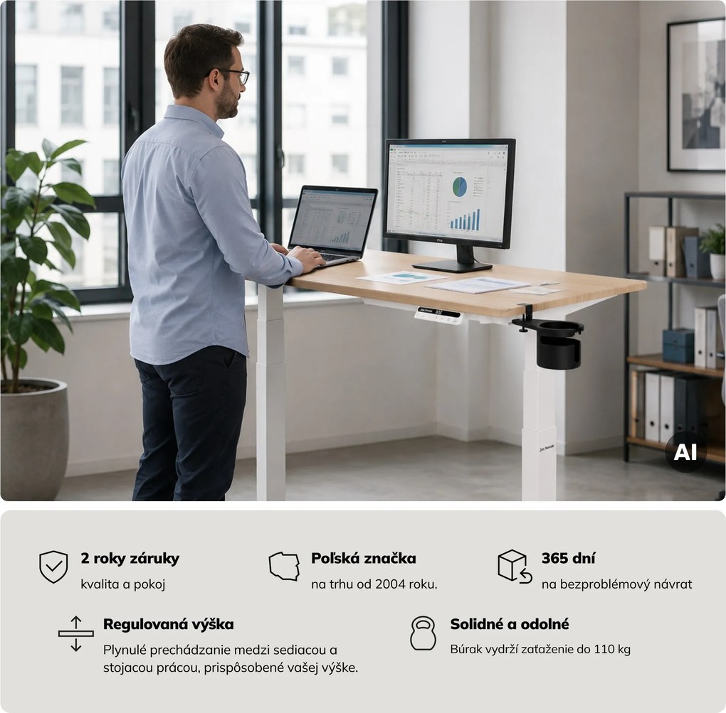 Elektrický stôl s nastaviteľnou výškou ergonomický biely/dub sonoma,1200x600 mm: ARIA