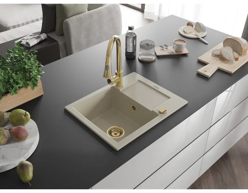 Mexen Enzo, 1-komorový granitový drez 576x465x174 mm a drezová batéria Elia, béžová, 6506-69-670101-50