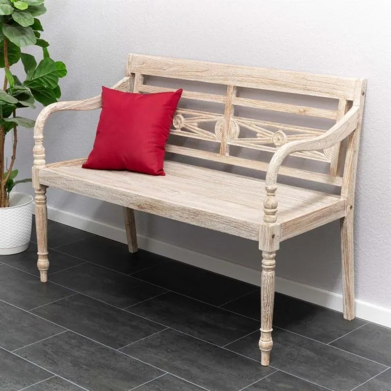 DIVERO 2-miestna lavica - 119 cm, teak, biela shabby