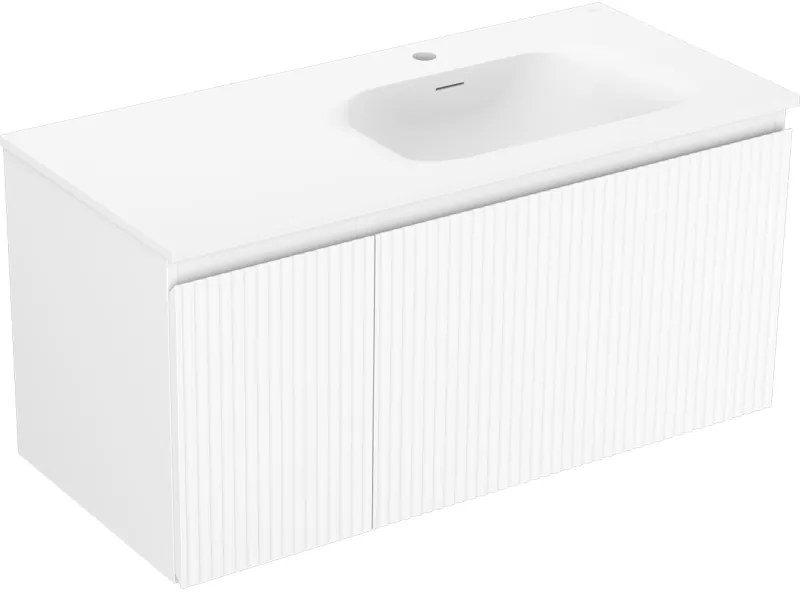 Mexen Rivel, kúpeľňová skrinka 100 cm s pravým umývadlom Vela, 1S, 1D, drážkovaná, biela matná, 91A23-10047-3-BBFF01-W23P01