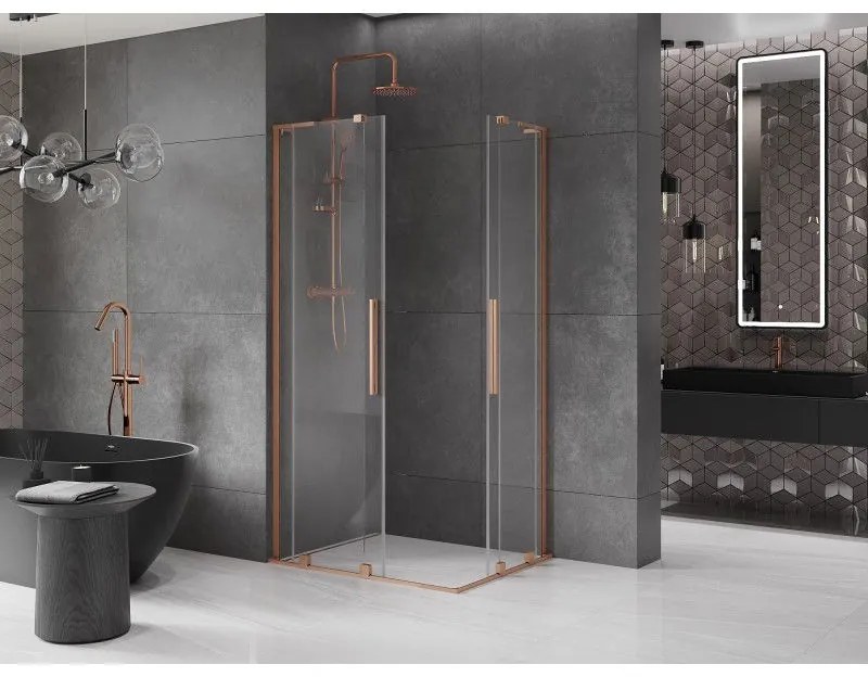 Mexen Velar L Duo, sprchový kút s posuvnými dverami 90 x 80 cm, 8mm číre sklo, medená matná, 871-090-080-02-03-65