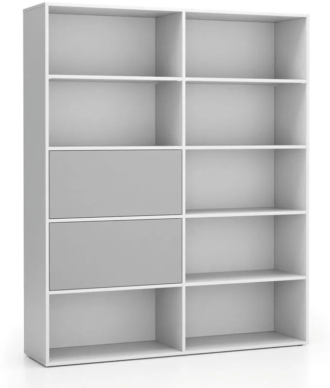 Široký kancelársky policový regál LAYERS, 2 boxy, 1582 x 400 x 1905, biela / sivá