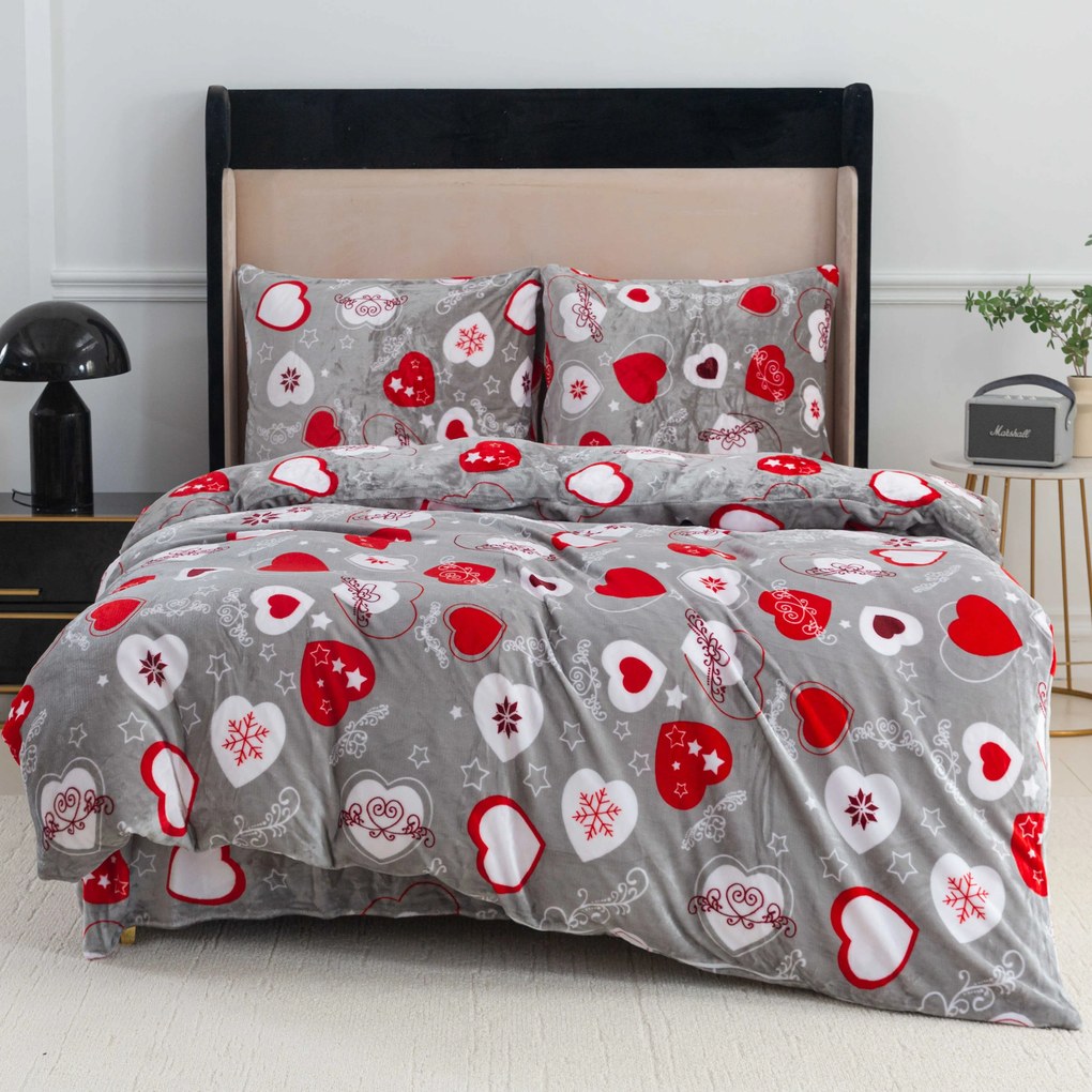 Sada mikroplyšových obliečok CHRISTMAS HEART sivé + obliečka mikroplyš SOFT 180x200 cm biele, dvojlôžko