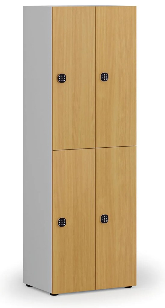Drevená šatníková skrinka S4 s úložnými boxmi, 4 boxy, demont, kódový zámok, sivá/buk