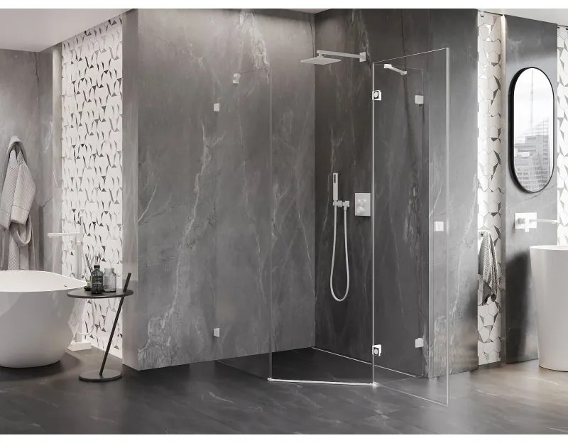 Mexen Lunar, pravý výklopný päťuholníkový sprchový kút 90 x 100 cm, 8mm číre sklo, biely profil, 831-090P-100L-20-00-P