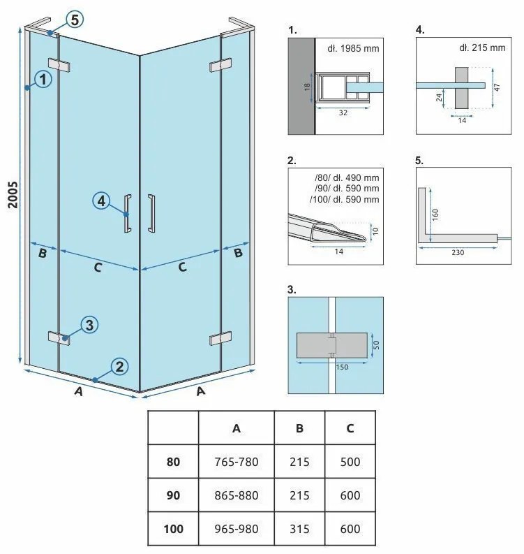 Rea Hugo Double, 2-krídlový sprchovací kút 90 (dvere) x 90 (dvere) x 200 cm, 6mm číre sklo, čierny profil, REA-K6601