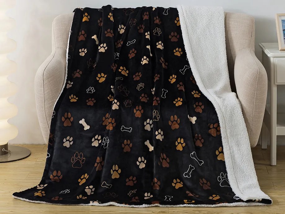 XPOSE® Mikroplyšová deka LABKY s baránkom - čierna 200x220 cm