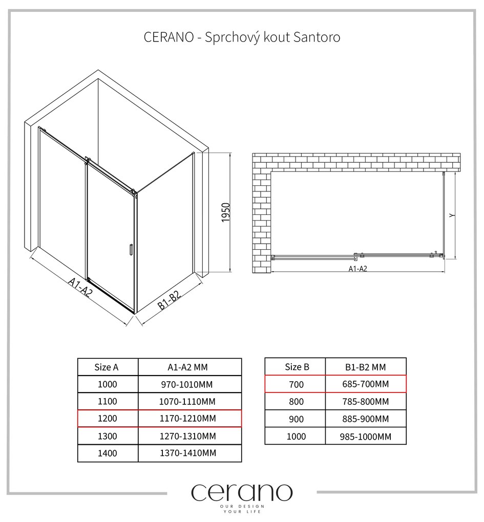 Cerano Lantono, sprchovací kút s posuvnými dverami 120(dvere) x 70(stena) x 195 cm, 8mm číre sklo, čierny profil, CER-CER-431494